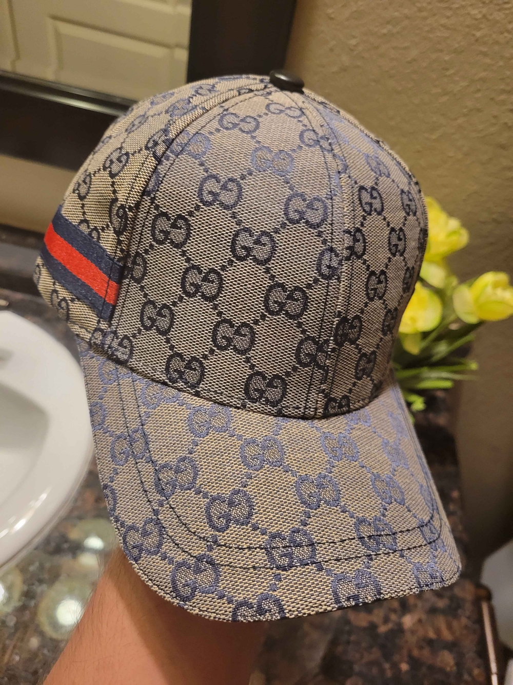 Gucci Monogram Navy Blue Baseball Cap with Web Stripe - Picture 6 of 7